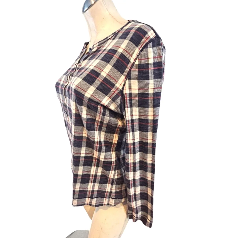 3/$25 Ralph Lauren Size L Navy and White Plaid Henley Top Shirt - Picture 3 of 5